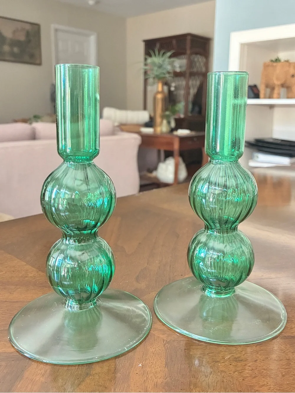 French Handblown Ribbed Glass Candlestick Holders,  Pair of Two